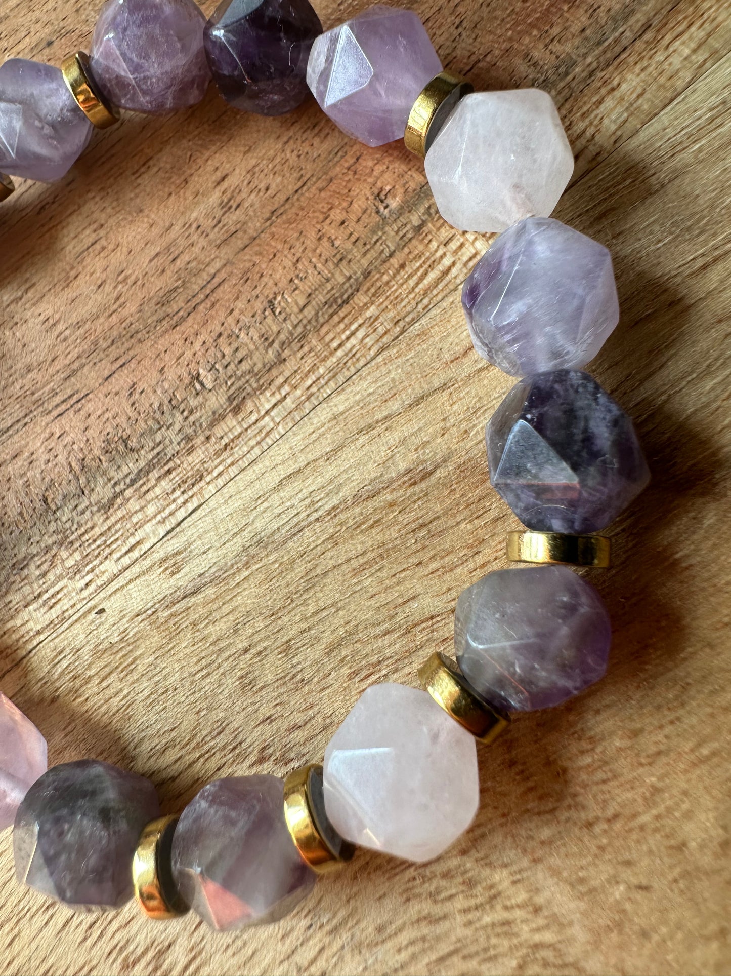 Natural Star Cut Amethyst and Rose Quartz Bracelet