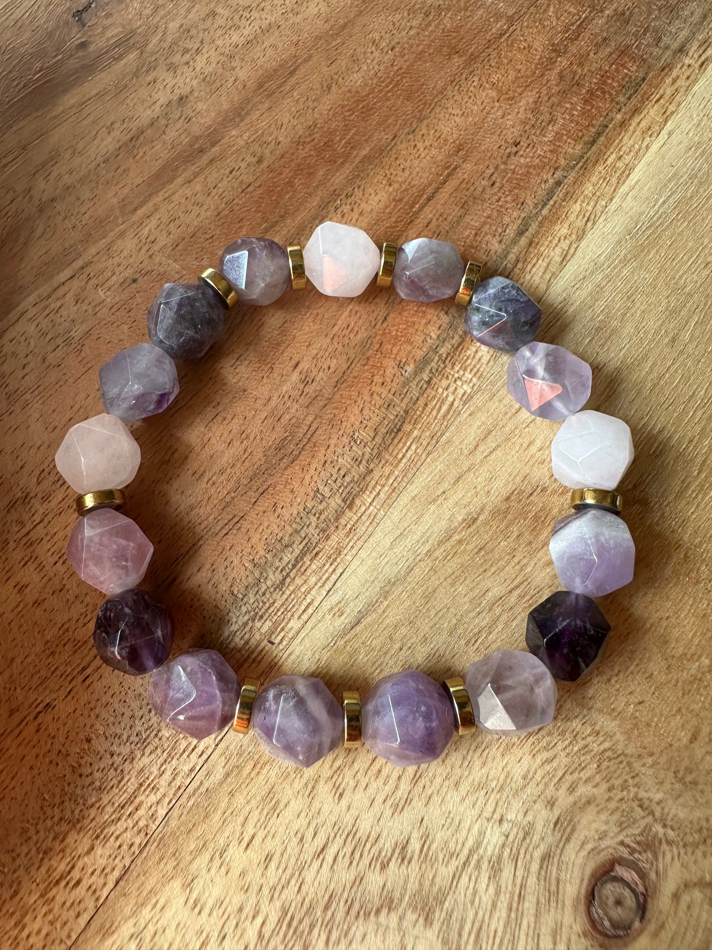 Natural Star Cut Amethyst and Rose Quartz Bracelet